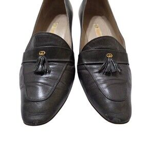 Vintage Gucci Mid Heel Loafer Pump Dark Gray US 8 Tassel Gold Logo Buttery Soft